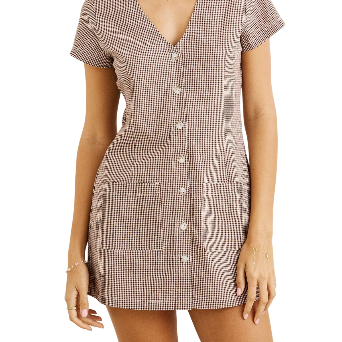 RHYTHM W London Check Button Front Mini Dress Chocolate