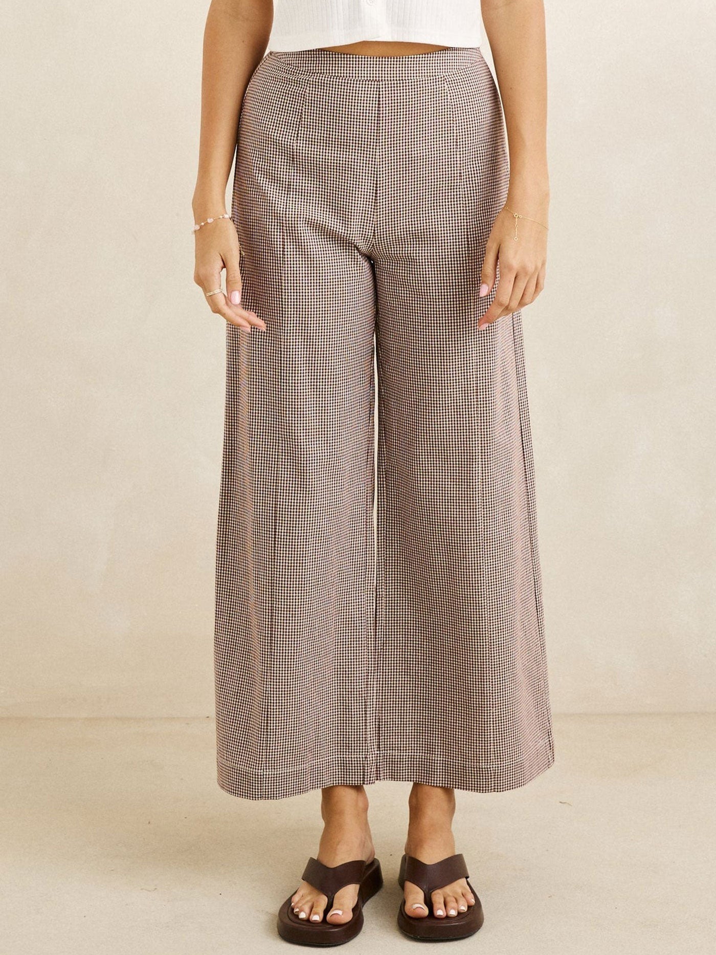 RHYTHM W London Check Wide Leg Pant Chocolate