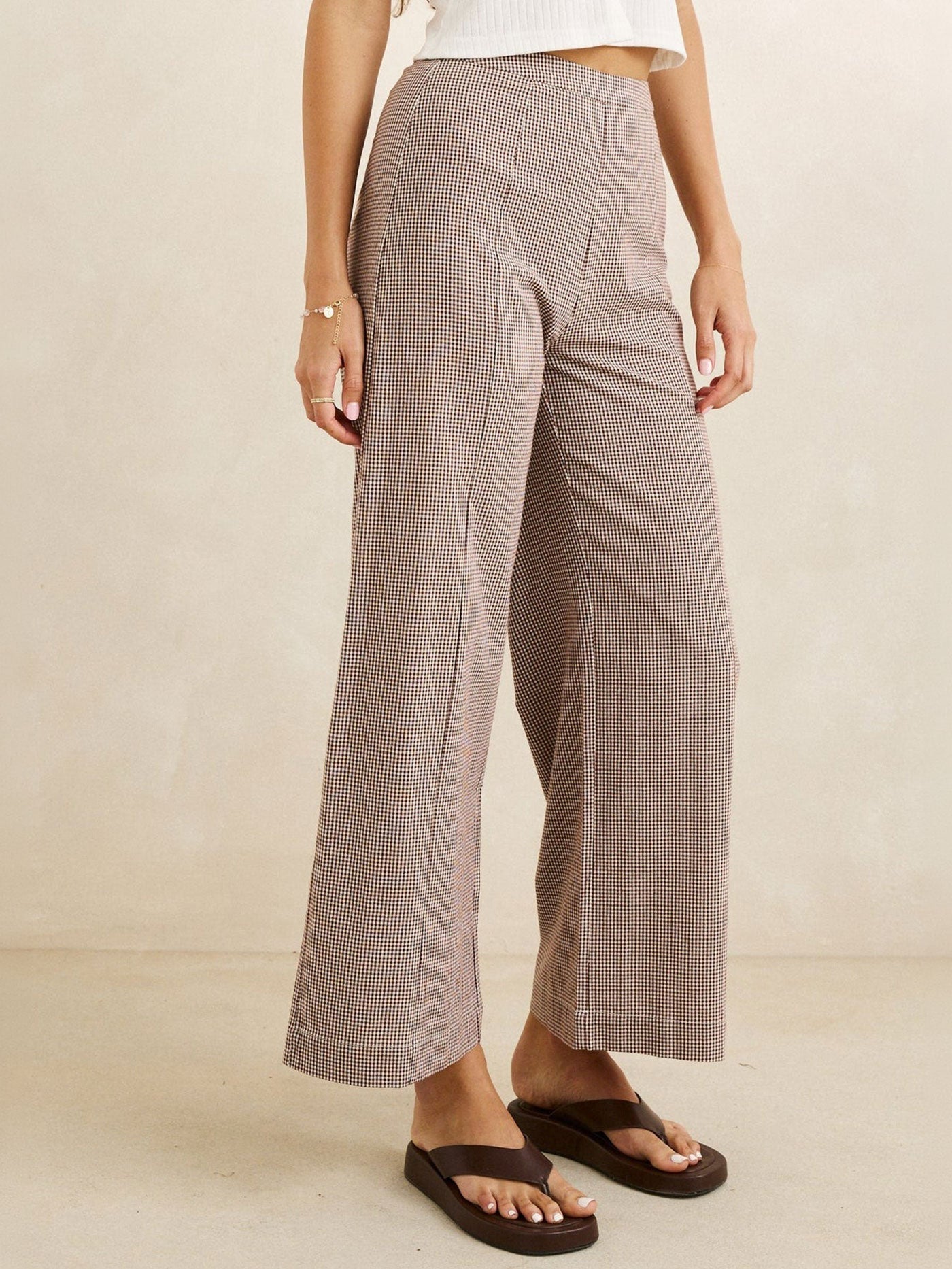 RHYTHM W London Check Wide Leg Pant Chocolate