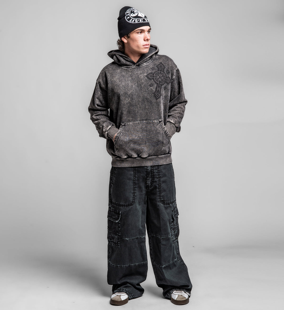 AFFLICTION VESPER LS OVERSIZED PO HOODIE BLACK HEAVY MINERAL WASH