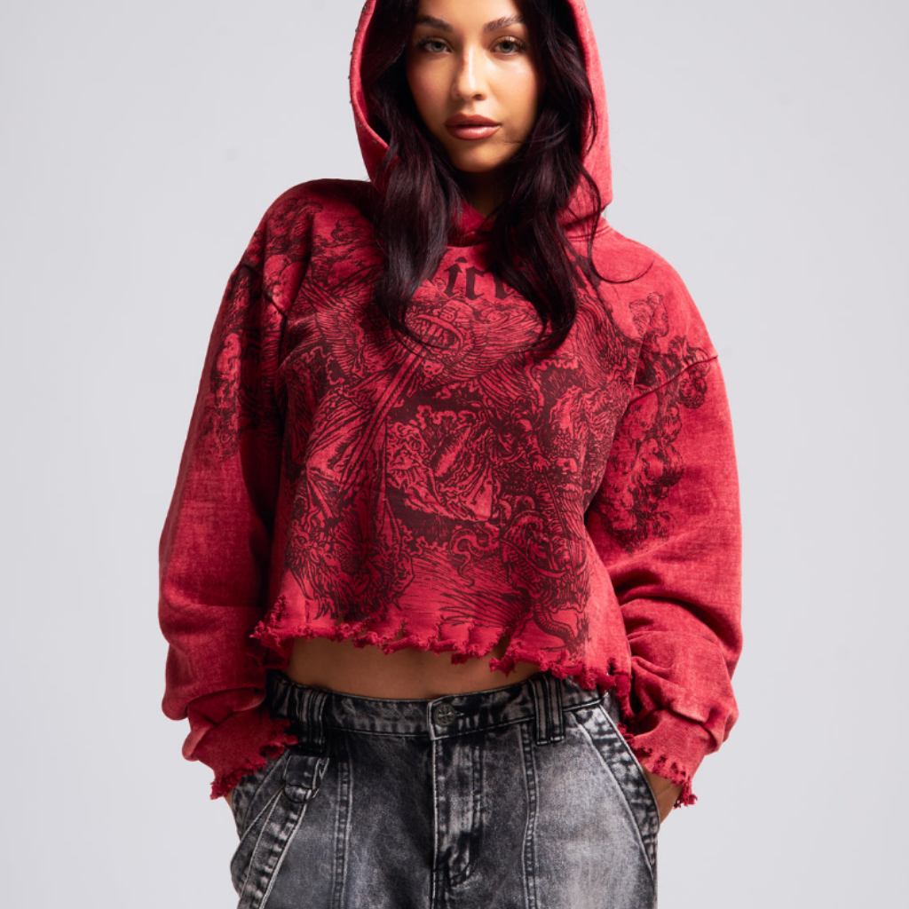 AFFLICTION W ANGELS LS CROP HOOD RED LAVA WASH