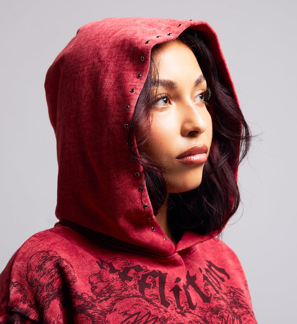AFFLICTION W ANGELS LS CROP HOOD RED LAVA WASH