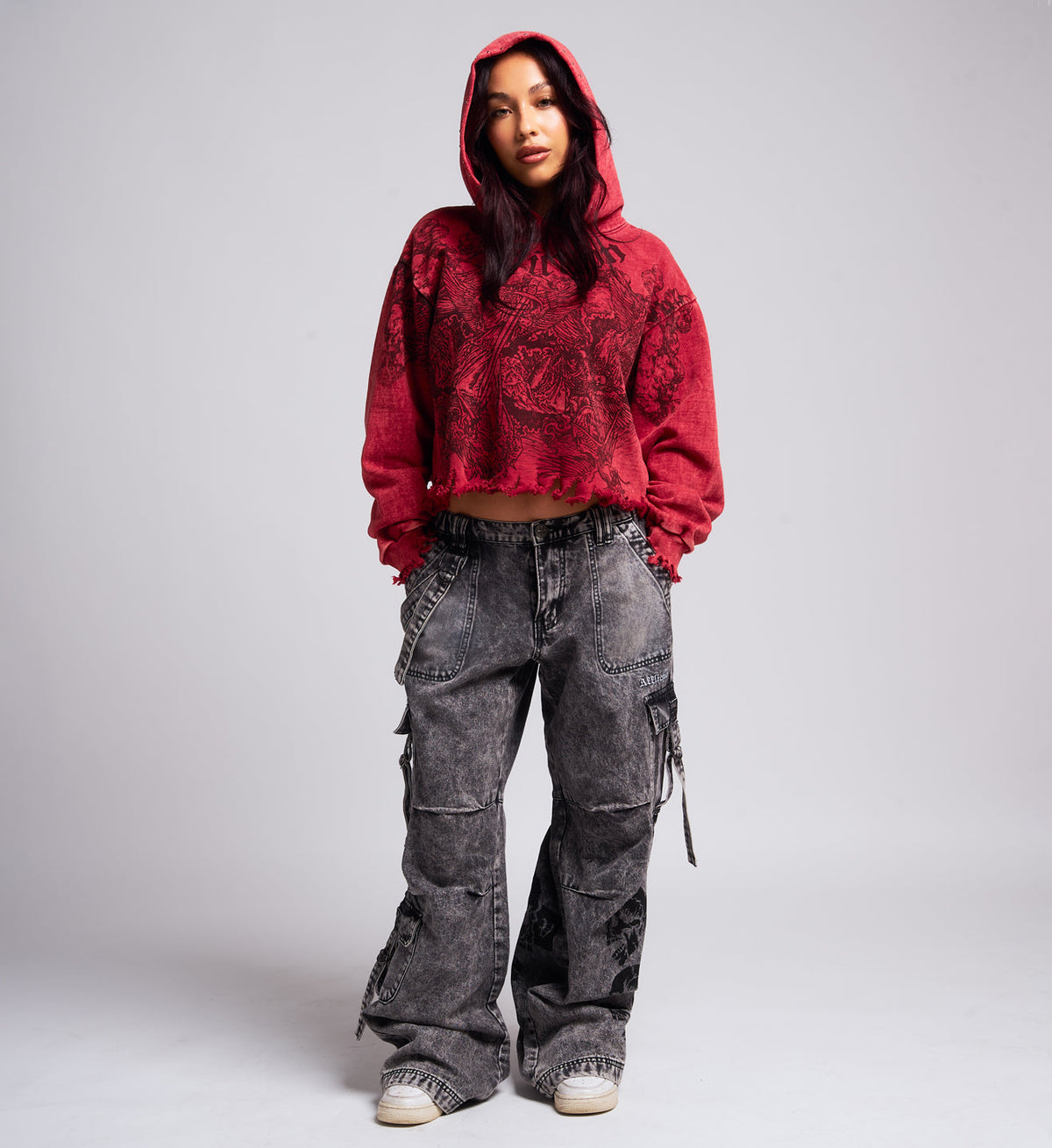 AFFLICTION W ANGELS LS CROP HOOD RED LAVA WASH