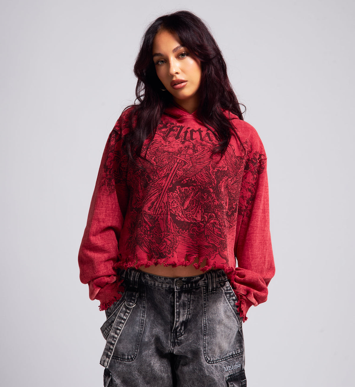 AFFLICTION W ANGELS LS CROP HOOD RED LAVA WASH