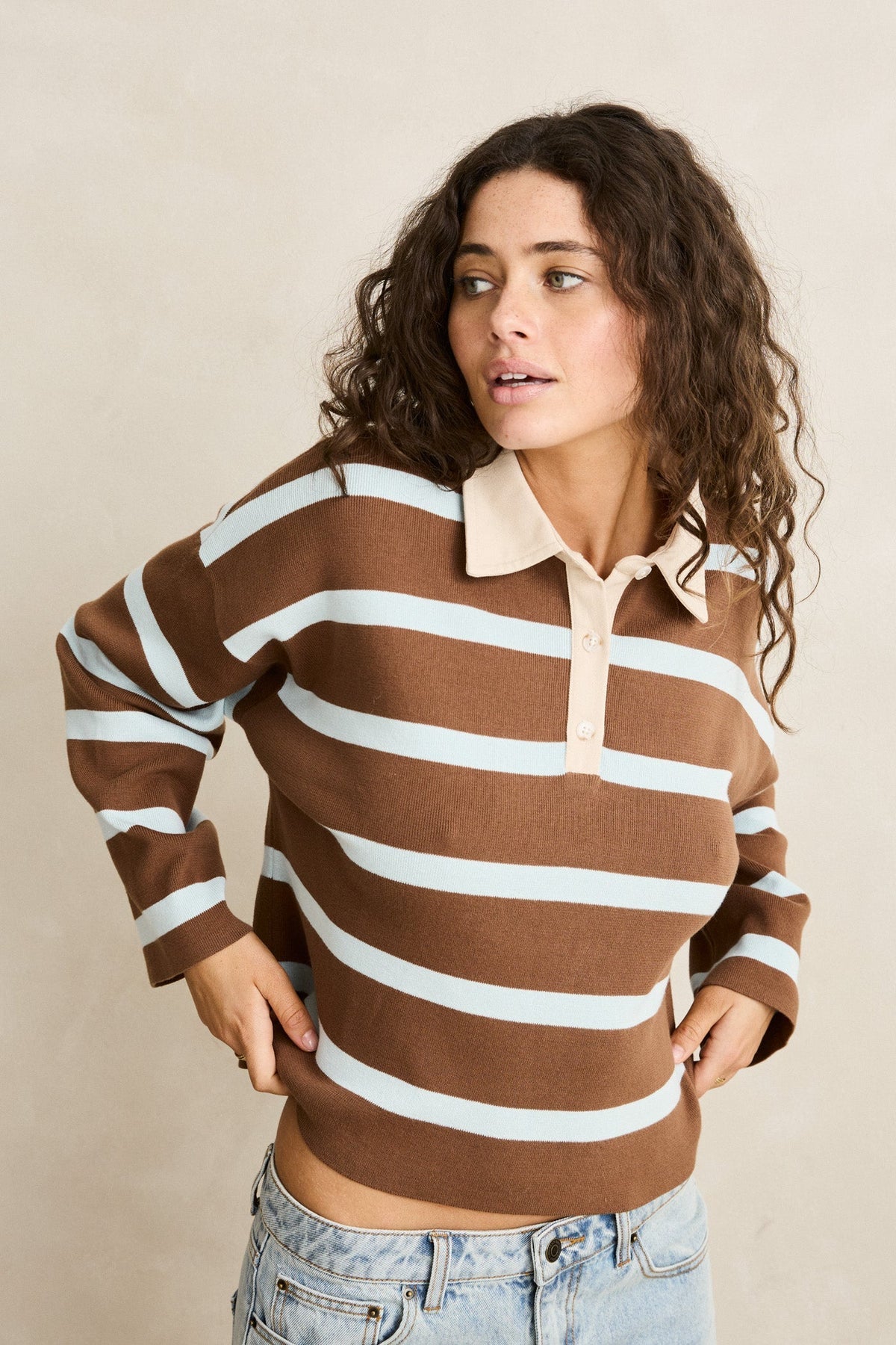 RHYTHM W Rugby Polo Knit Sweater Brown