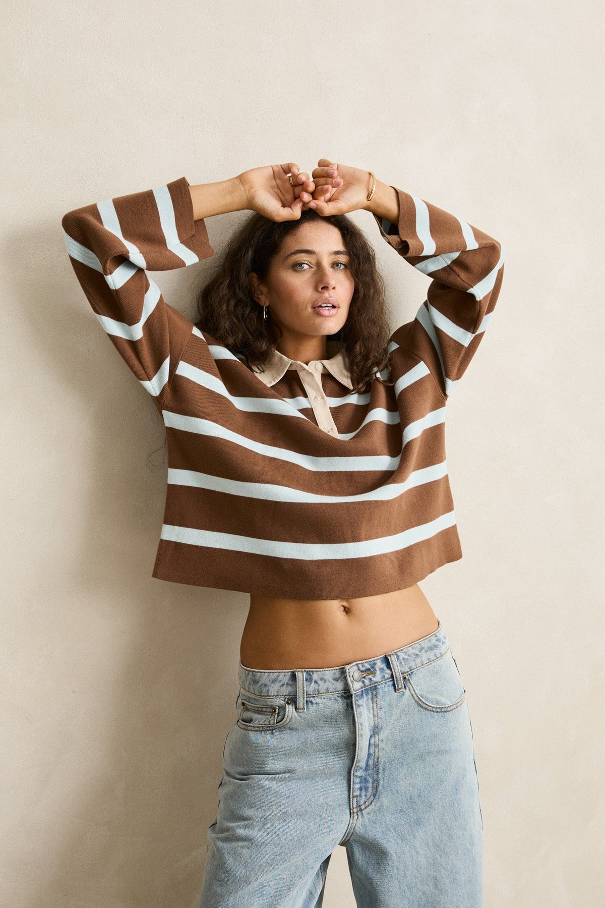 RHYTHM W Rugby Polo Knit Sweater Brown