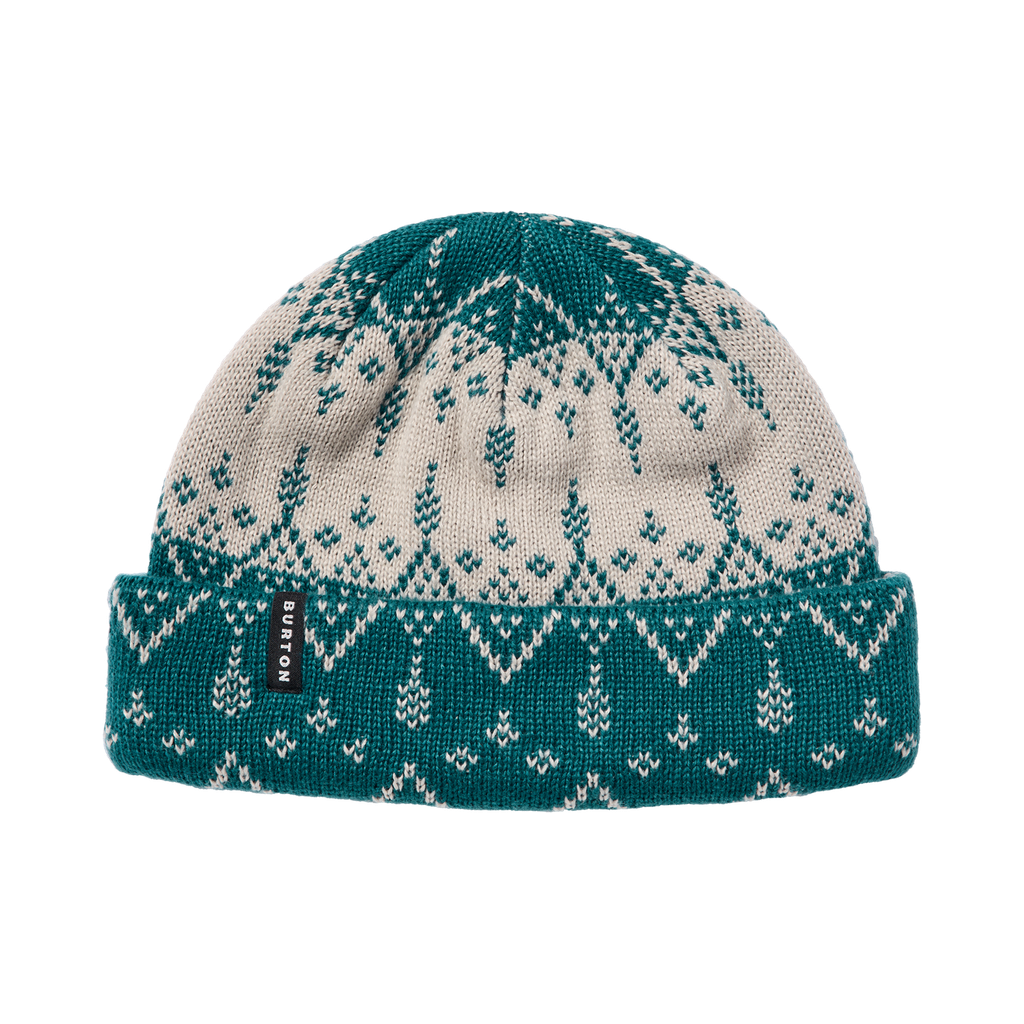 Tuque Burton Recycled Sidehitt Atlantic Teal, motif géométrique turquoise et crème — vue de face avec revers.