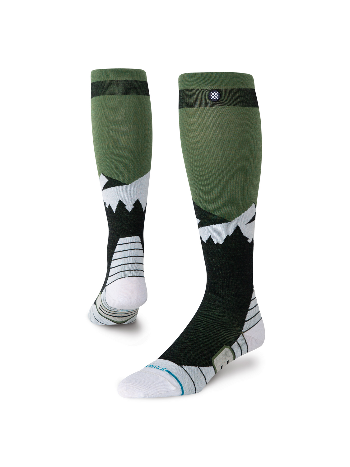 Bas de neige Stance Divide Ultra Light Wool Black, motif de montagnes vert et blanc — paire présentée en volume.