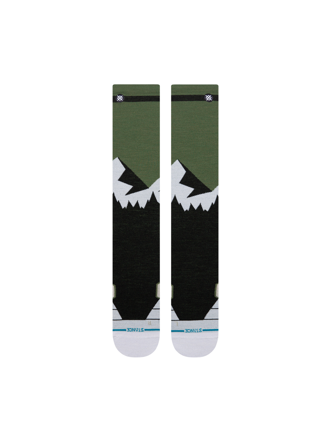 Bas de neige Stance Divide Ultra Light Wool Black, motif de montagnes vert et blanc — paire à plat, côté logo.