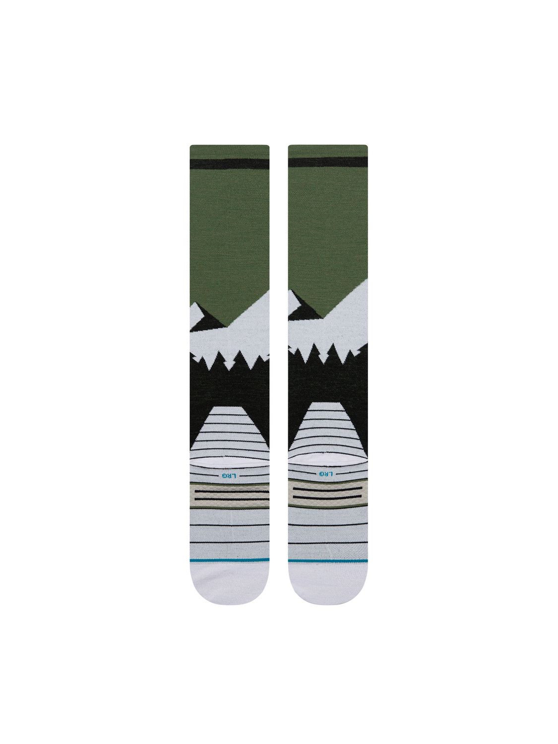 Bas de neige Stance Divide Ultra Light Wool Black, motif de montagnes vert et blanc — paire à plat, côté talons.