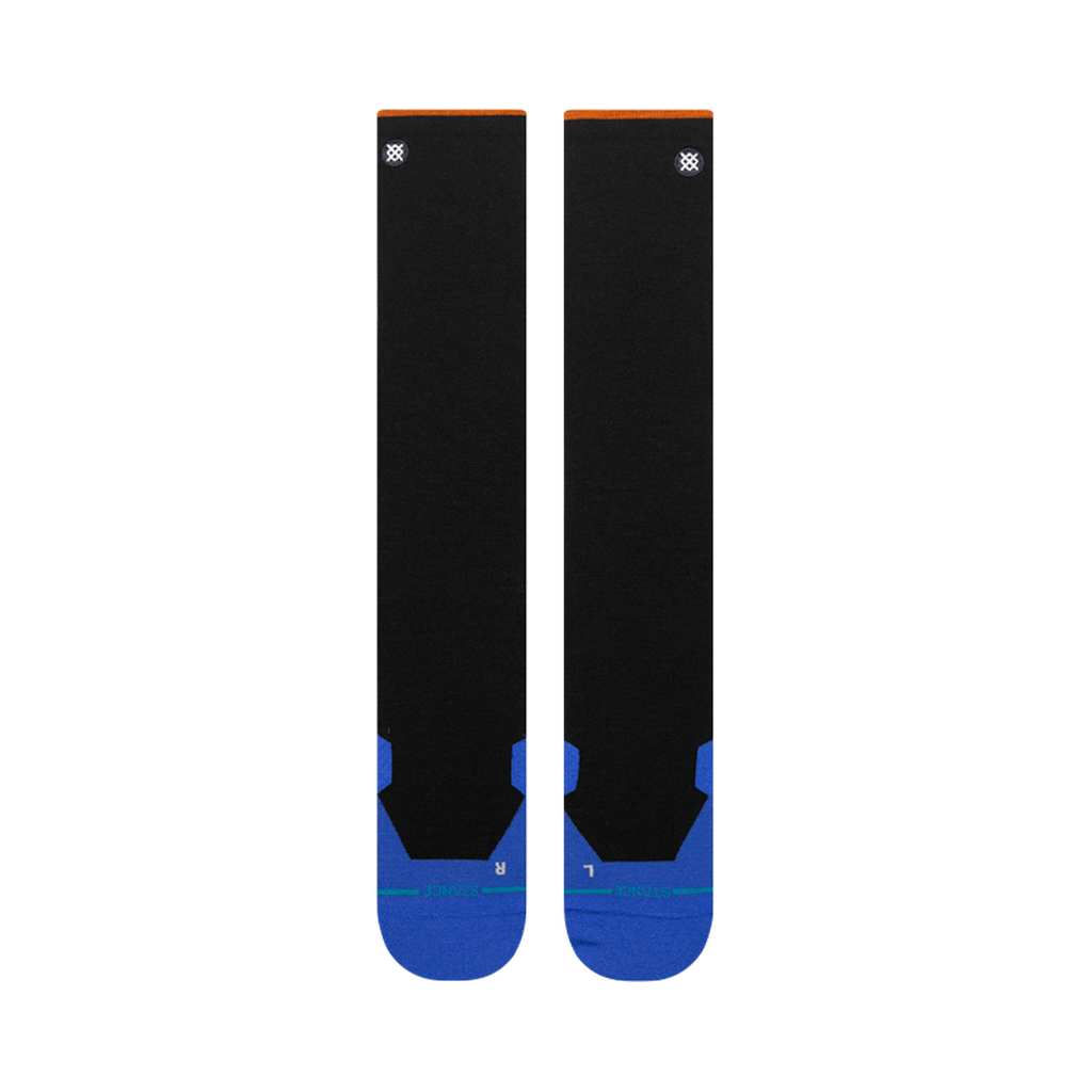 Bas de neige Stance Two Tone Ultra Light Wool Black, pieds bleus — paire à plat, côté logo.