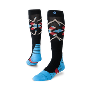 Bas de neige Stance Breaker Mid Poly Black, motif géométrique et pieds bleus — paire présentée en volume.