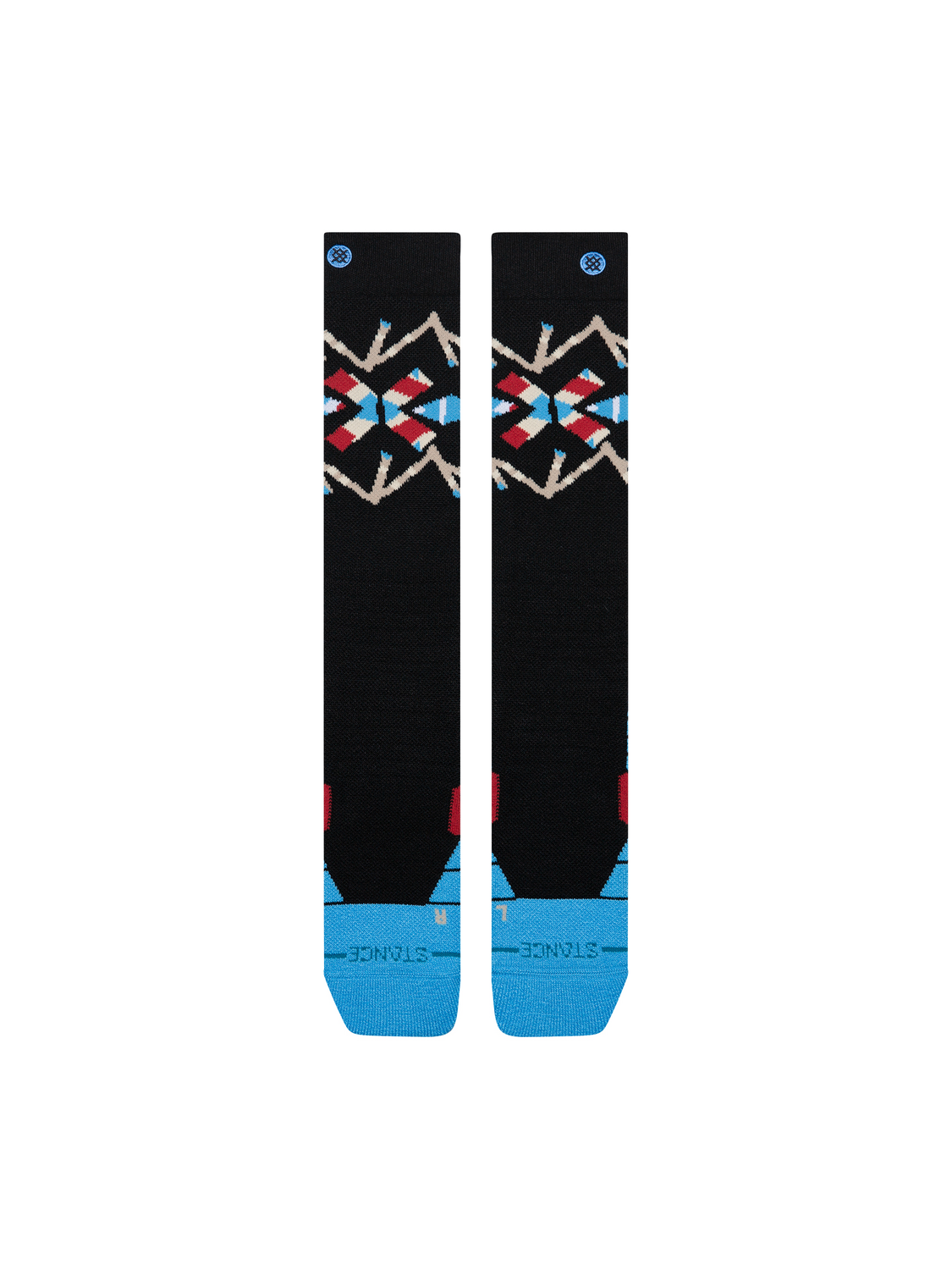 Bas de neige Stance Breaker Mid Poly Black, motif géométrique et pieds bleus — paire à plat, côté logo.