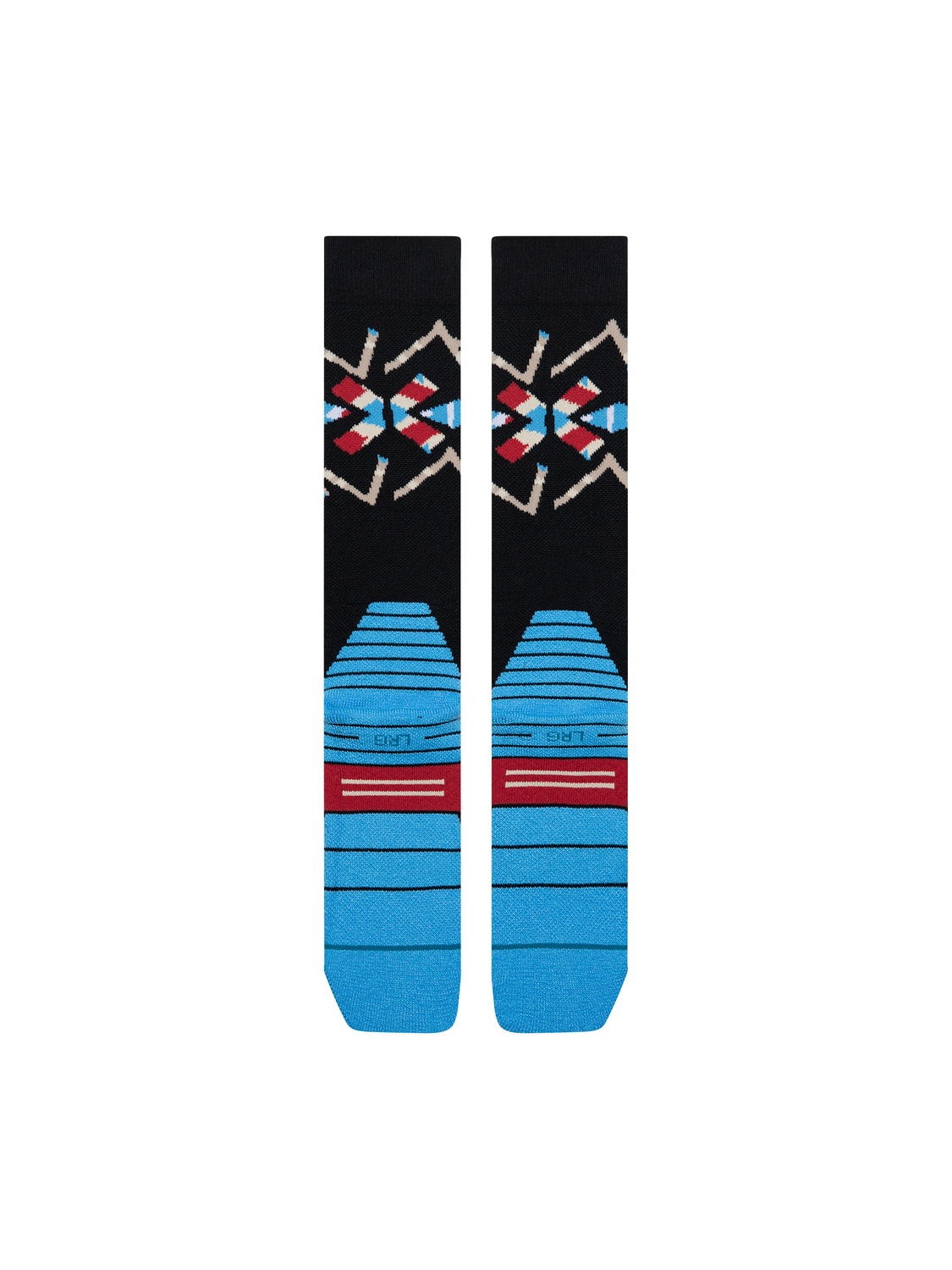 Bas de neige Stance Breaker Mid Poly Black, motif géométrique et pieds bleus — paire à plat, côté talons.