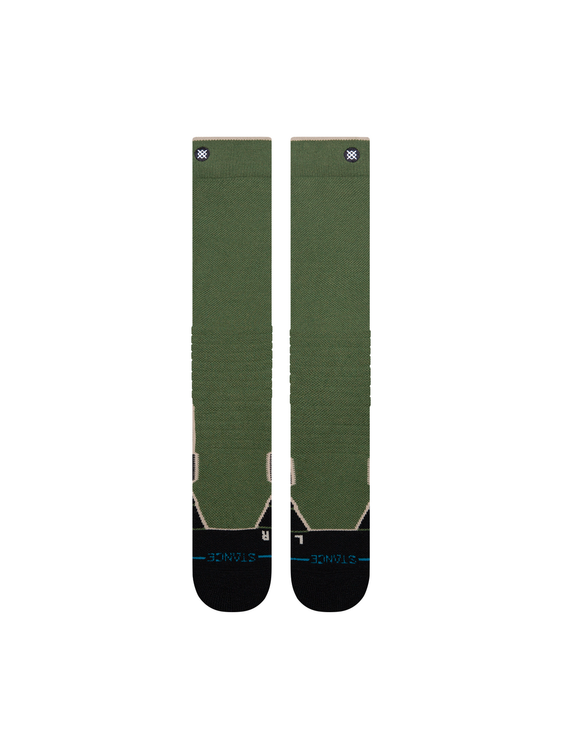 Bas de neige Stance Contrast Mid Wool Green, verts avec pieds noirs — paire à plat, côté logo.