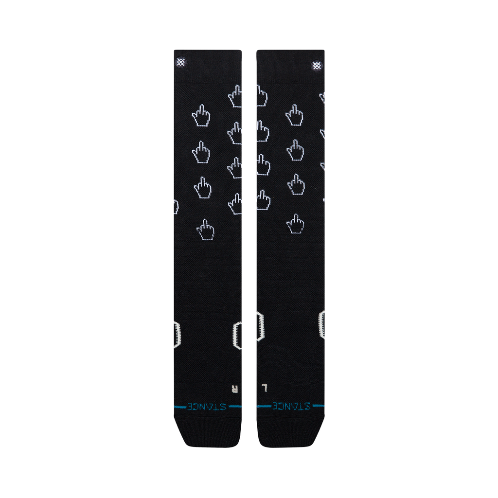 Bas de neige Stance Cursor Mid Poly Black, motif de curseurs blancs — paire à plat, côté logo.