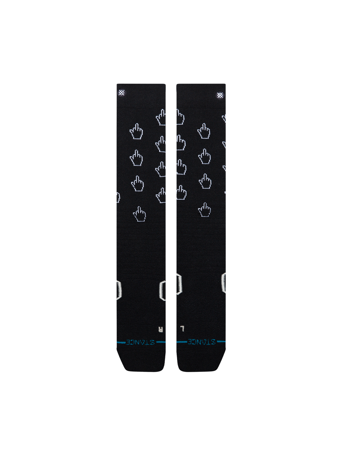 Bas de neige Stance Cursor Mid Poly Black, motif de curseurs blancs — paire à plat, côté logo.