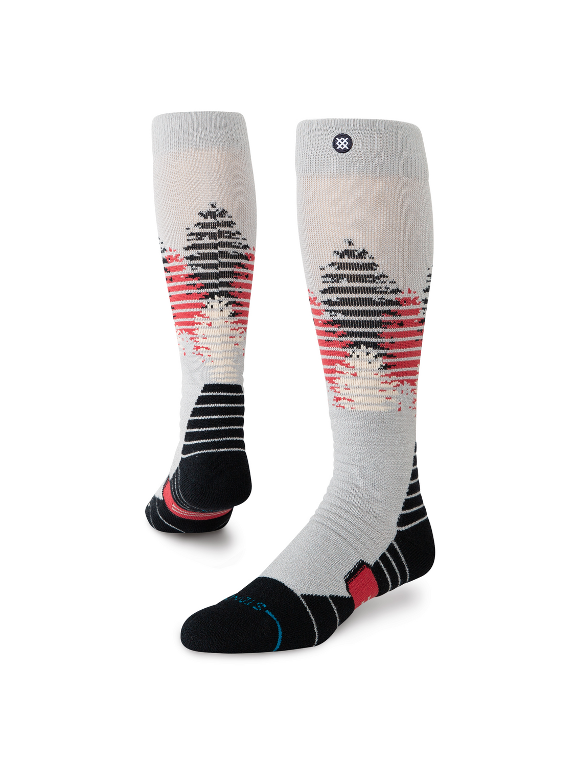 Bas de neige Stance Tree Line Mid Wool Stringgrey, motif d'arbres noir et rouge — paire présentée en volume.