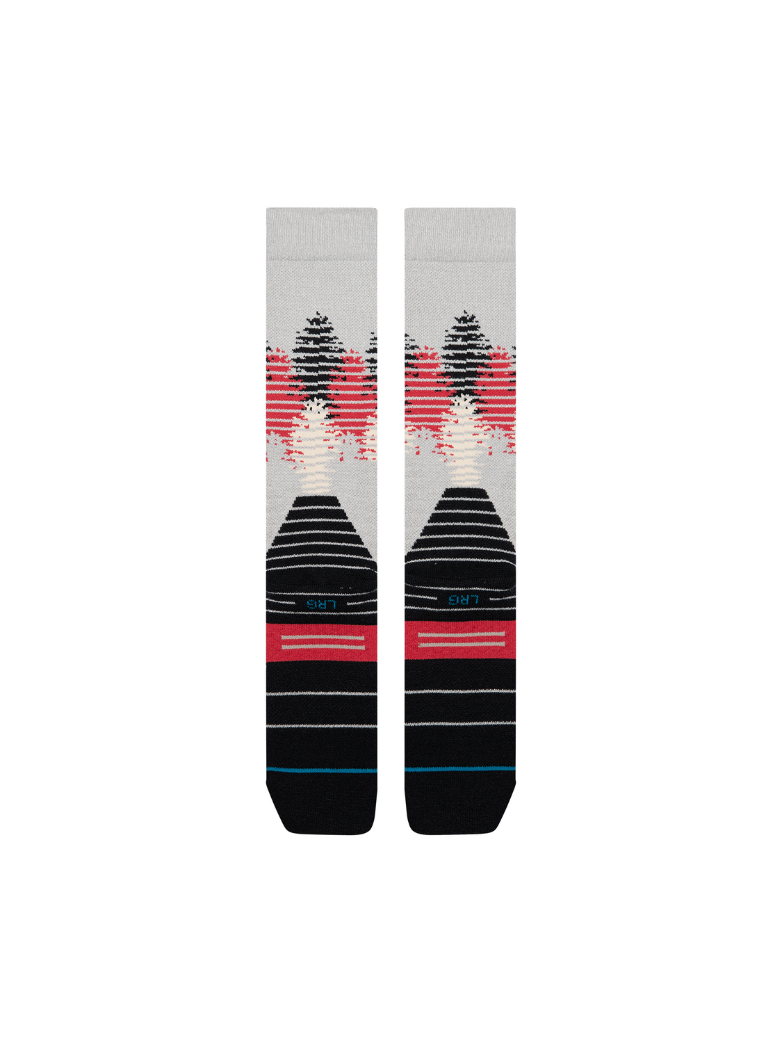 Bas de neige Stance Tree Line Mid Wool Stringgrey, motif d'arbres noir et rouge — paire à plat, côté talons.