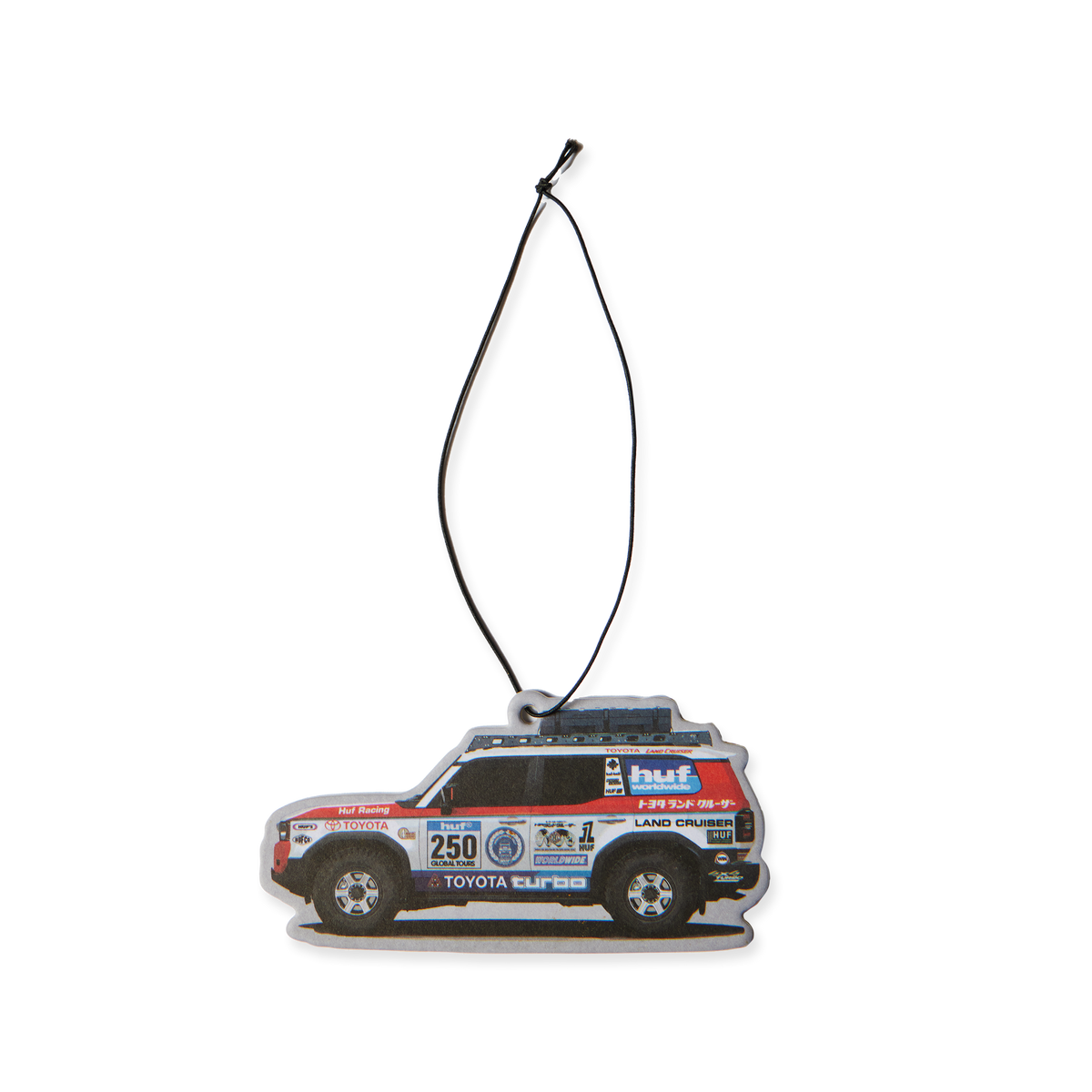 Désodorisant HUF x Toyota Land Cruiser multicolore en forme de véhicule de rallye — face illustrée avec cordon.