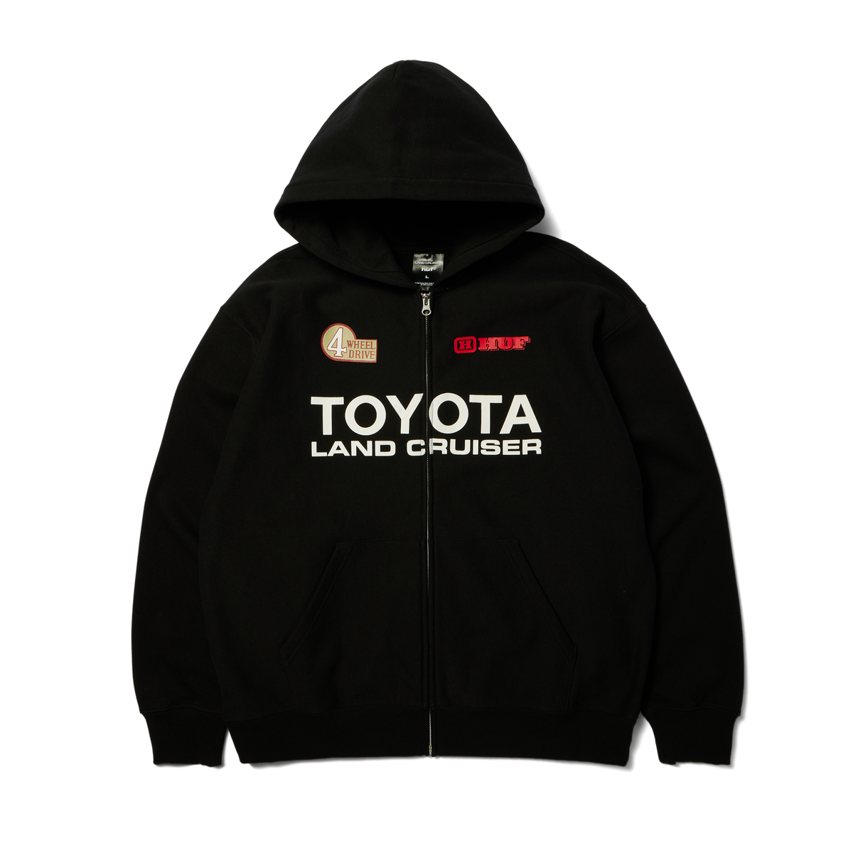 Hoodie à fermeture éclair HUF x Toyota Land Cruiser Heavyweight noir — vue de face, fermeture fermée et imprimé Toyota.