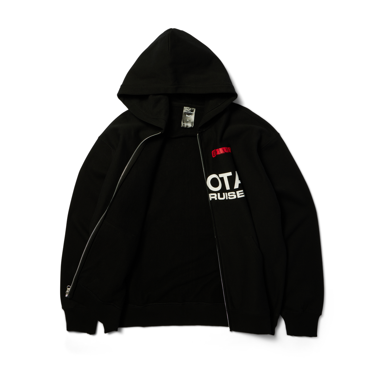 Hoodie à fermeture éclair HUF x Toyota Land Cruiser Heavyweight noir — vue de face, fermeture ouverte.