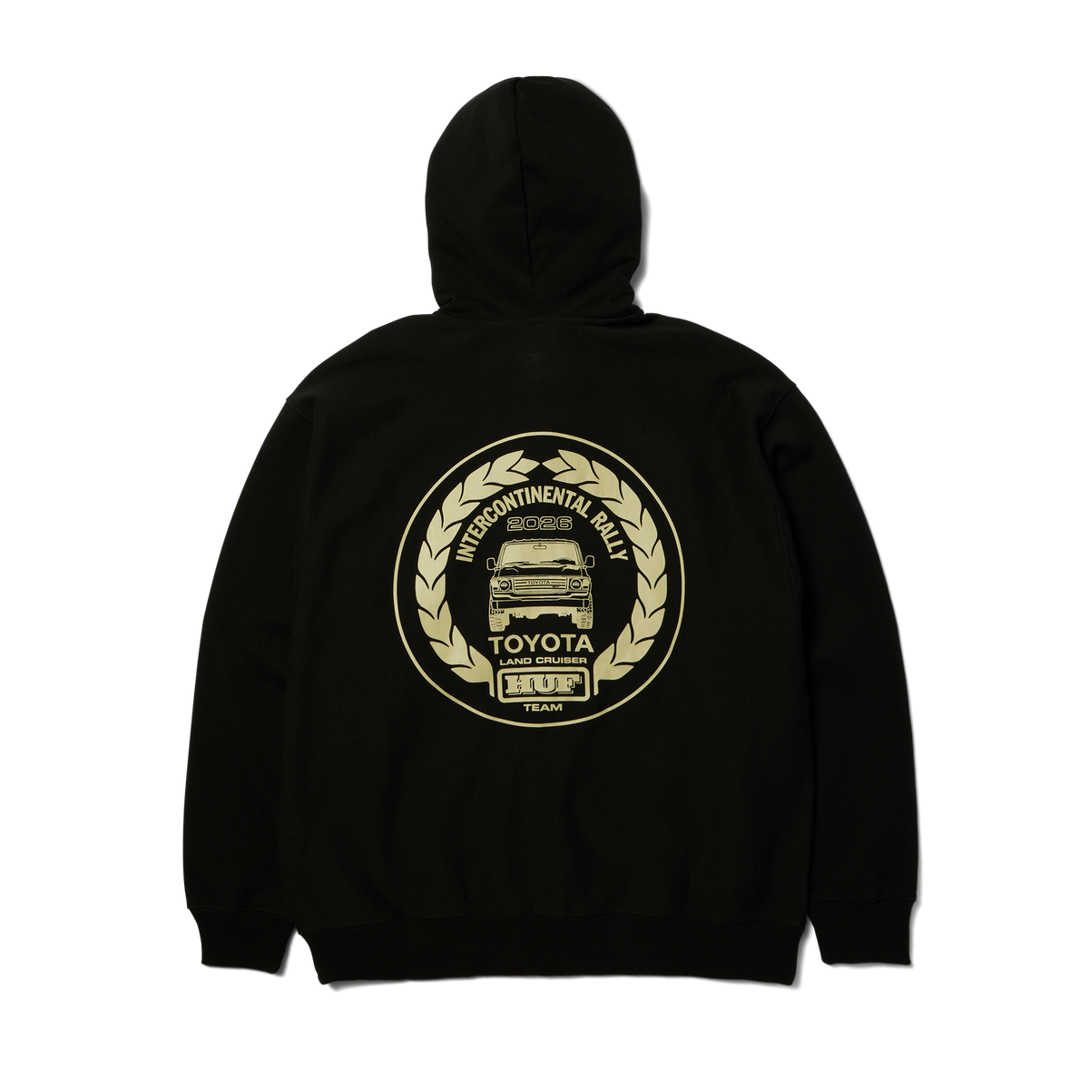 Hoodie à fermeture éclair HUF x Toyota Land Cruiser Heavyweight noir — vue de dos avec écusson de rallye imprimé.