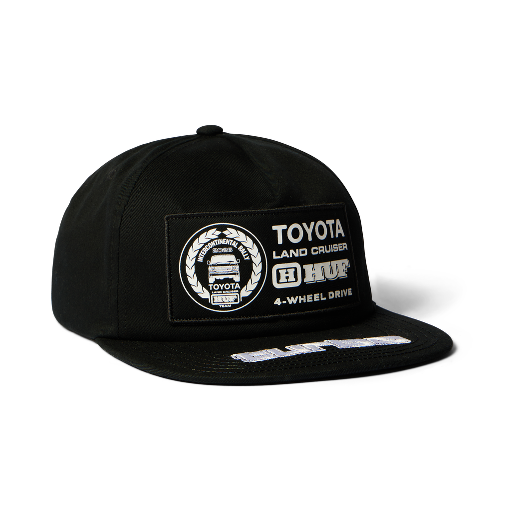 Casquette HUF x Toyota Land Cruiser Rally Snapback noire — vue de face avec écusson Toyota.