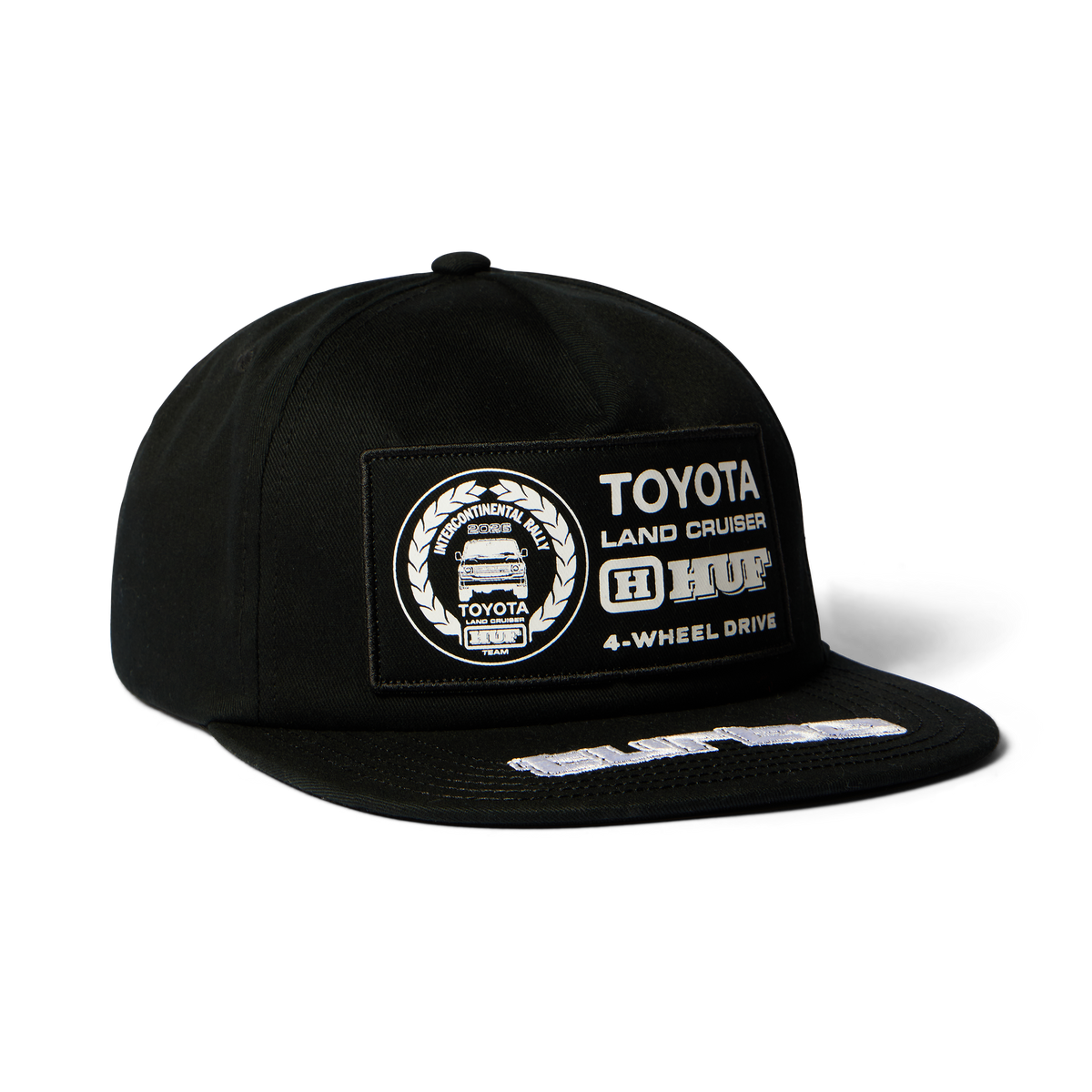 Casquette HUF x Toyota Land Cruiser Rally Snapback noire — vue de face avec écusson Toyota.