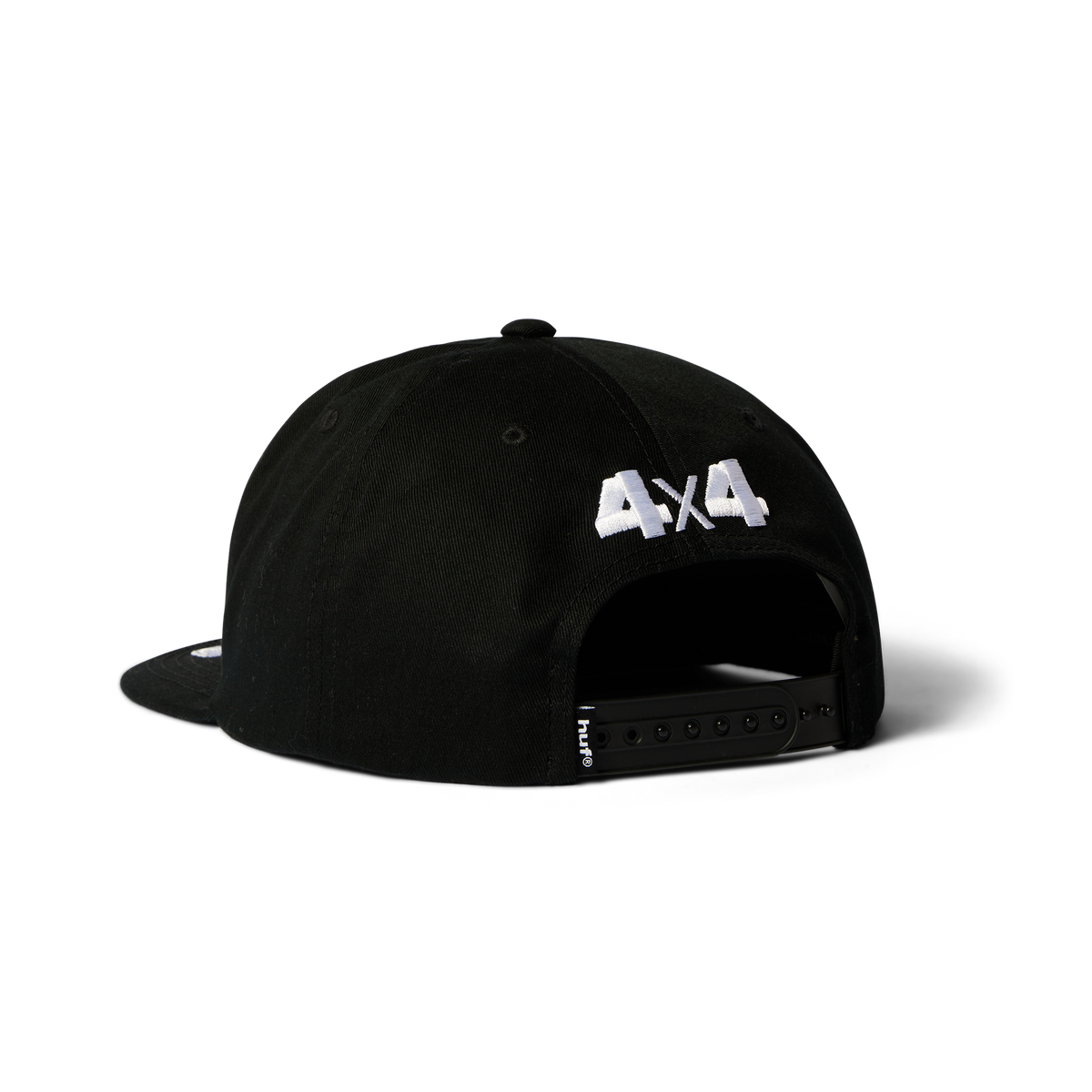 Casquette HUF x Toyota Land Cruiser Rally Snapback noire — vue arrière avec broderie 4x4 et attache réglable.