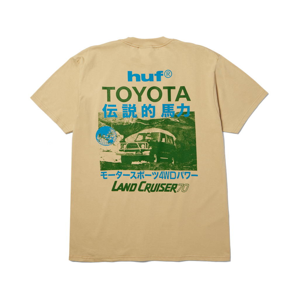 T-shirt HUF x Toyota Land Cruiser 70 Sand, couleur sable — vue de dos avec grand imprimé vert et bleu.