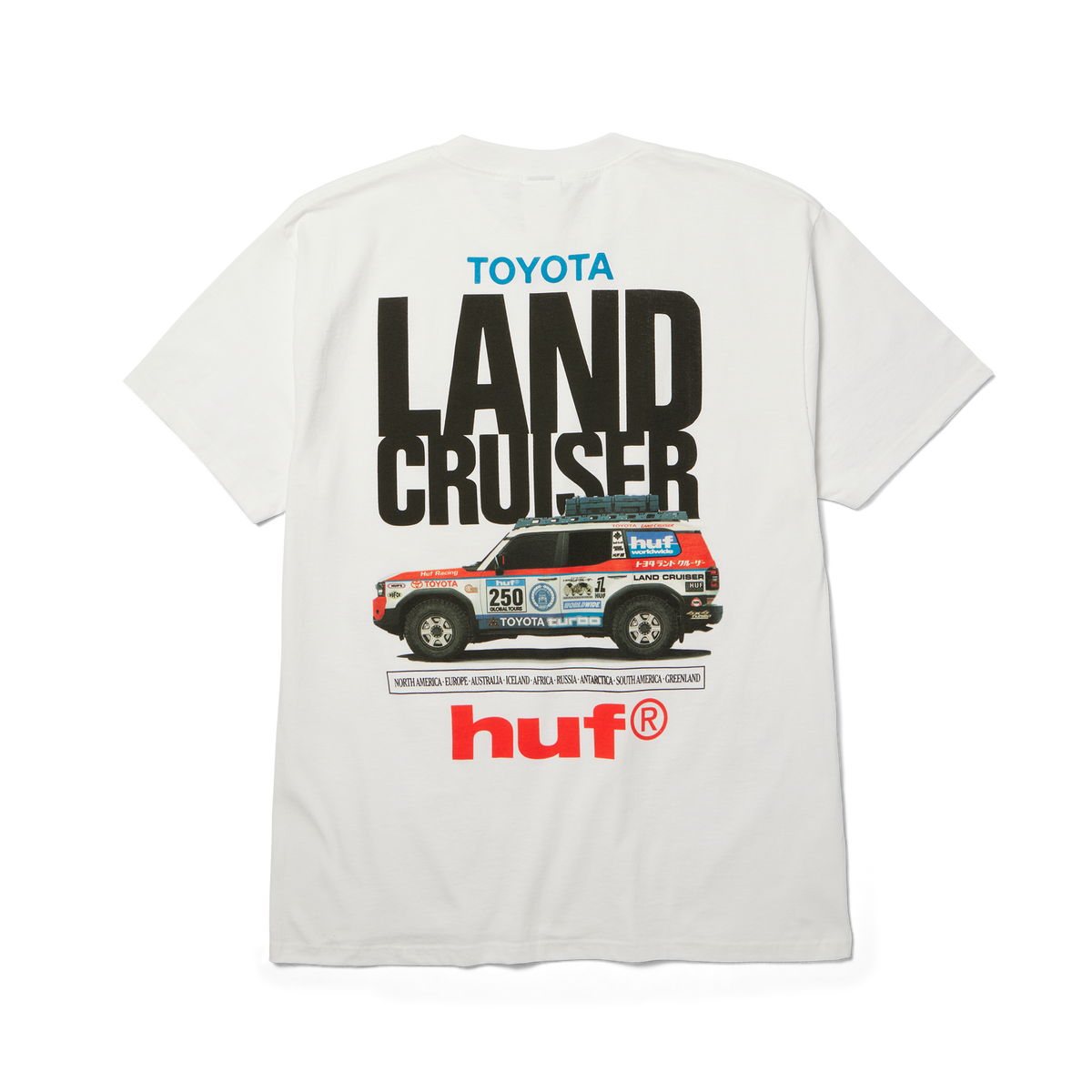 T-shirt HUF x Toyota Land Cruiser Rally blanc — vue de dos avec imprimé du véhicule de rallye.
