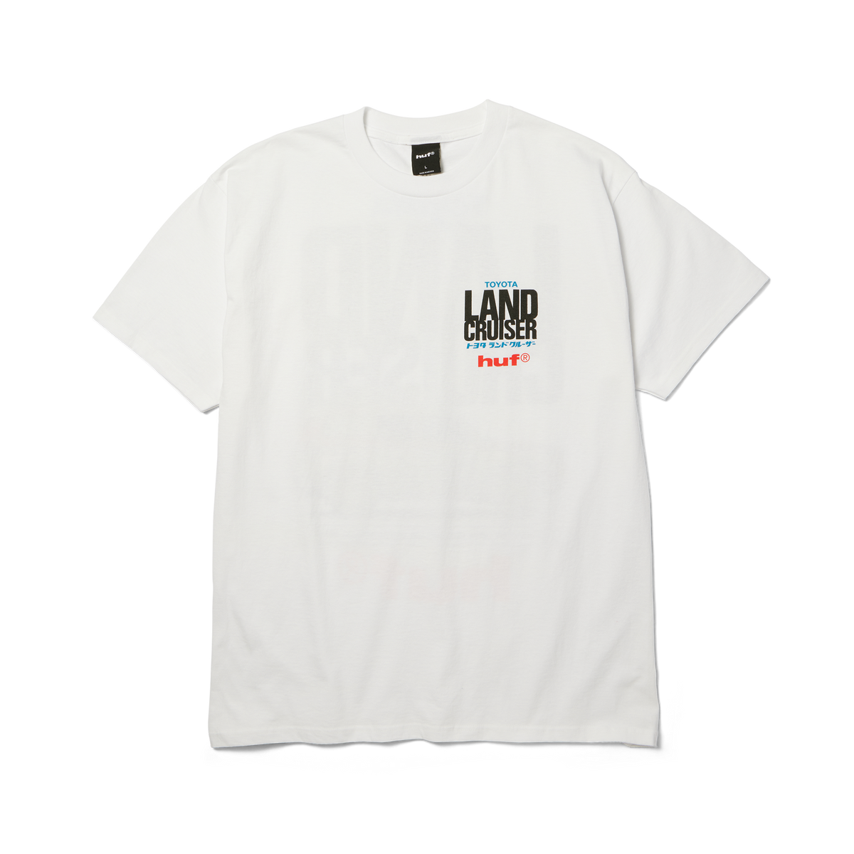 T-shirt HUF x Toyota Land Cruiser Rally blanc — vue de face avec petit logo sur la poitrine.