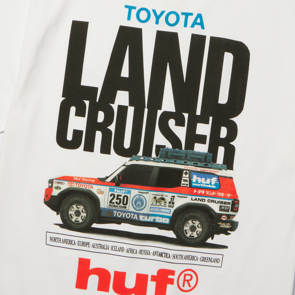 T-shirt HUF x Toyota Land Cruiser Rally blanc — détail de l'imprimé Toyota Land Cruiser au dos.