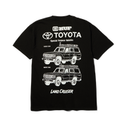 T-shirt HUF x Toyota Land Cruiser Special noir — vue de dos avec deux véhicules imprimés en blanc.