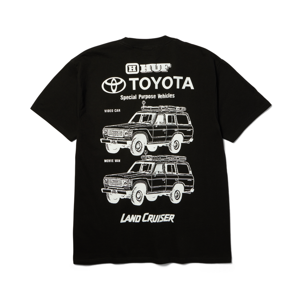 T-shirt HUF x Toyota Land Cruiser Special noir — vue de dos avec deux véhicules imprimés en blanc.