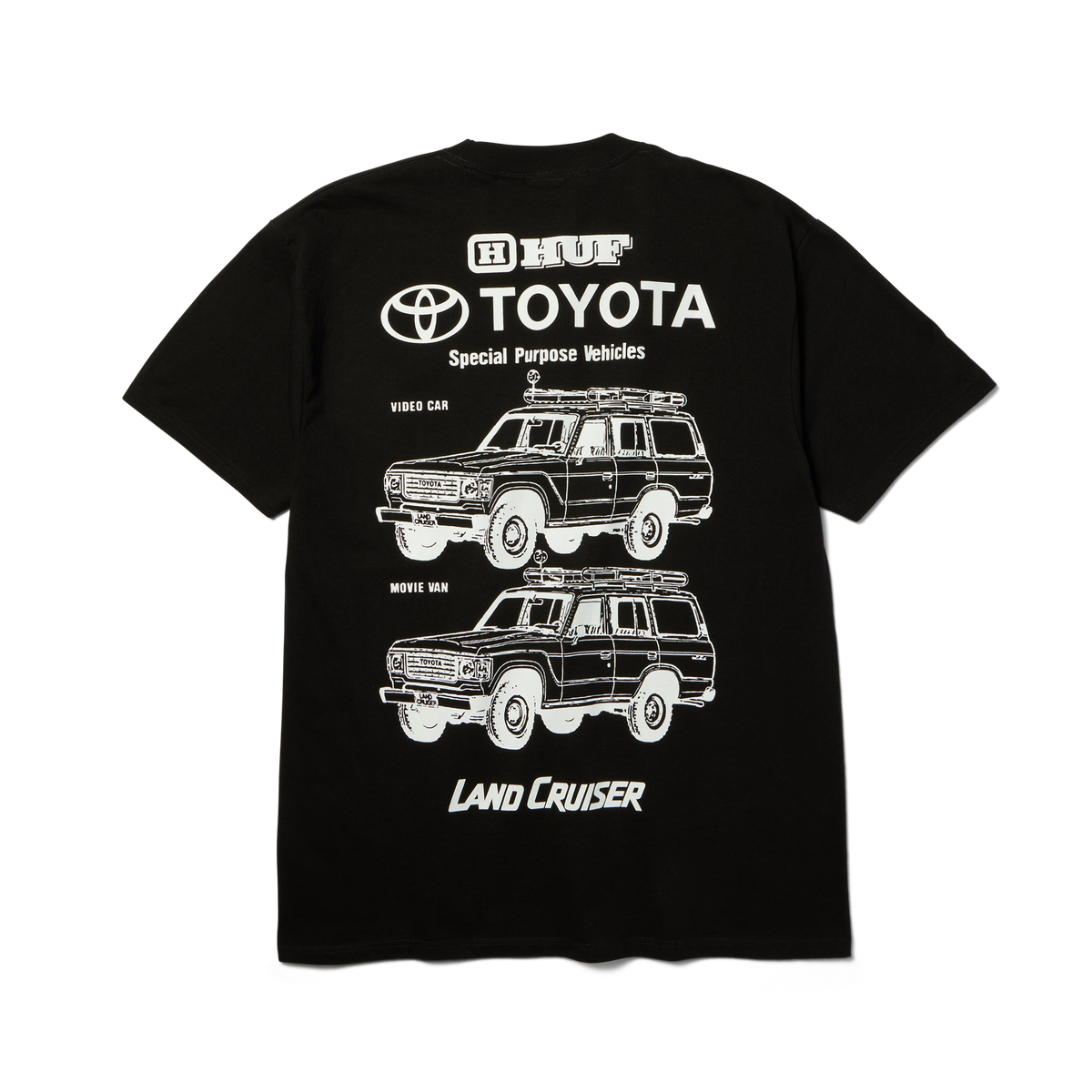 T-shirt HUF x Toyota Land Cruiser Special noir — vue de dos avec deux véhicules imprimés en blanc.