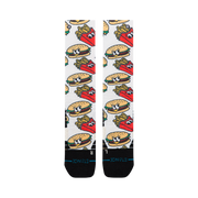 Bas de neige pour enfant Stance Combo Meal Mid Poly Red, motif de burgers et frites — paire à plat, côté logo.