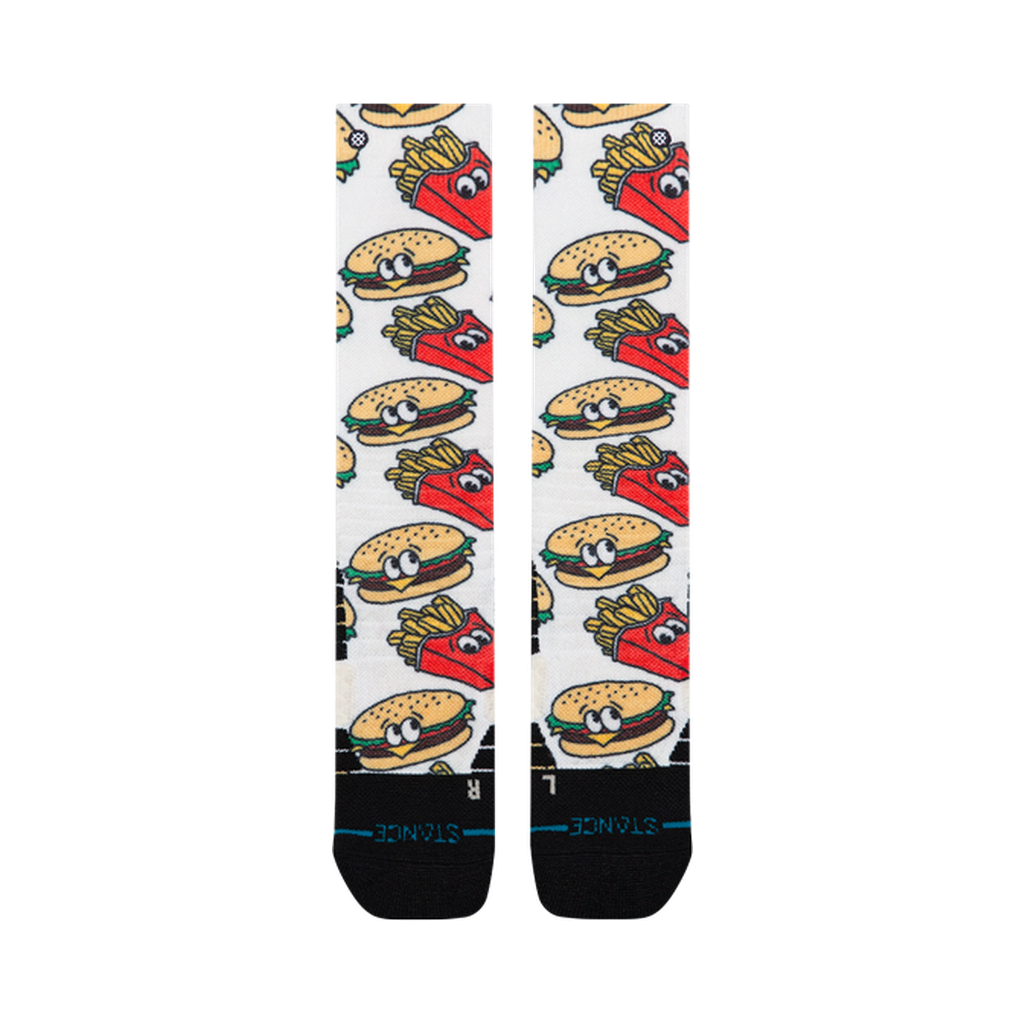 Bas de neige pour enfant Stance Combo Meal Mid Poly Red, motif de burgers et frites — paire à plat, côté logo.