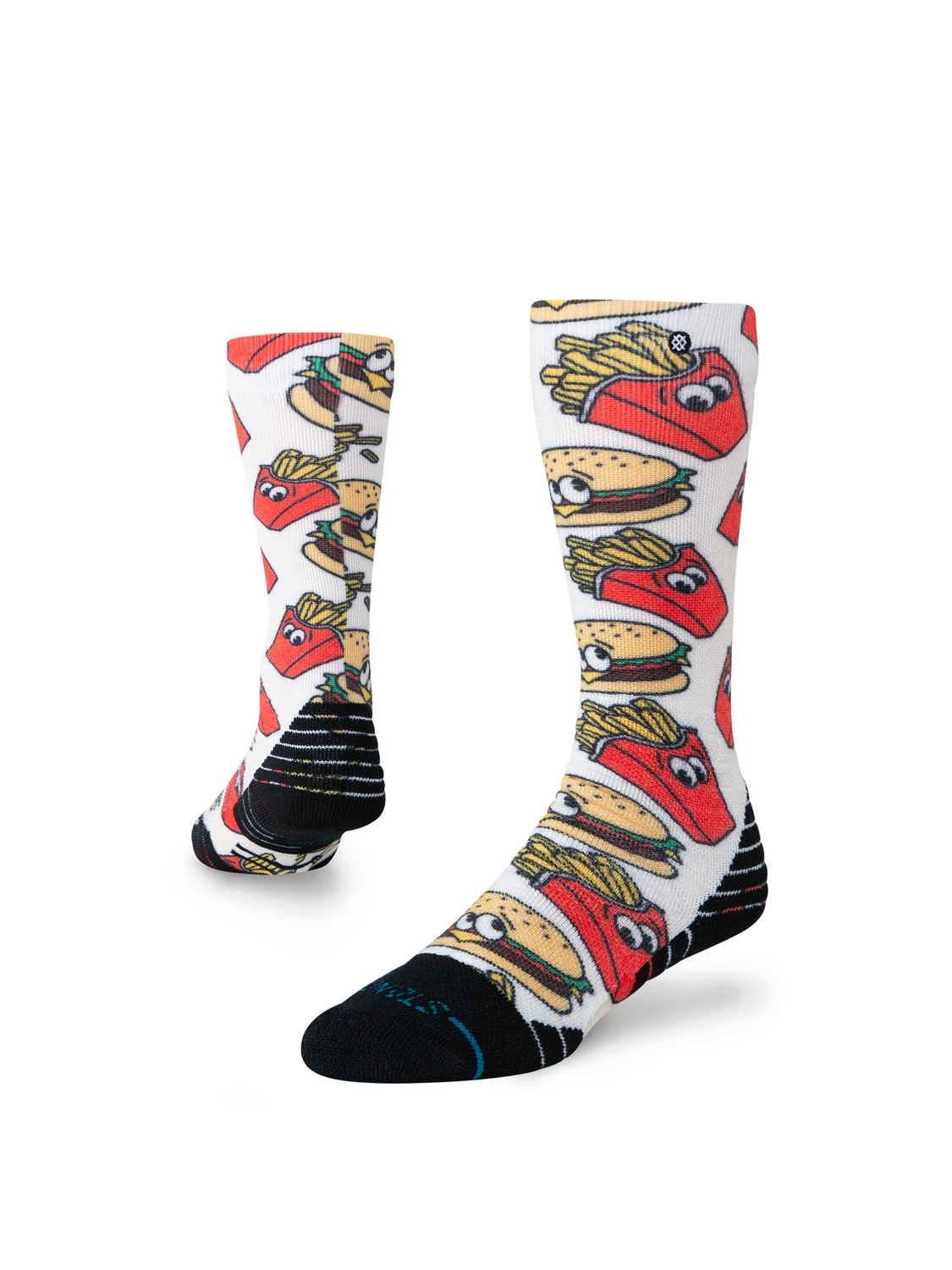 Bas de neige pour enfant Stance Combo Meal Mid Poly Red, motif de burgers et frites — paire présentée en volume.