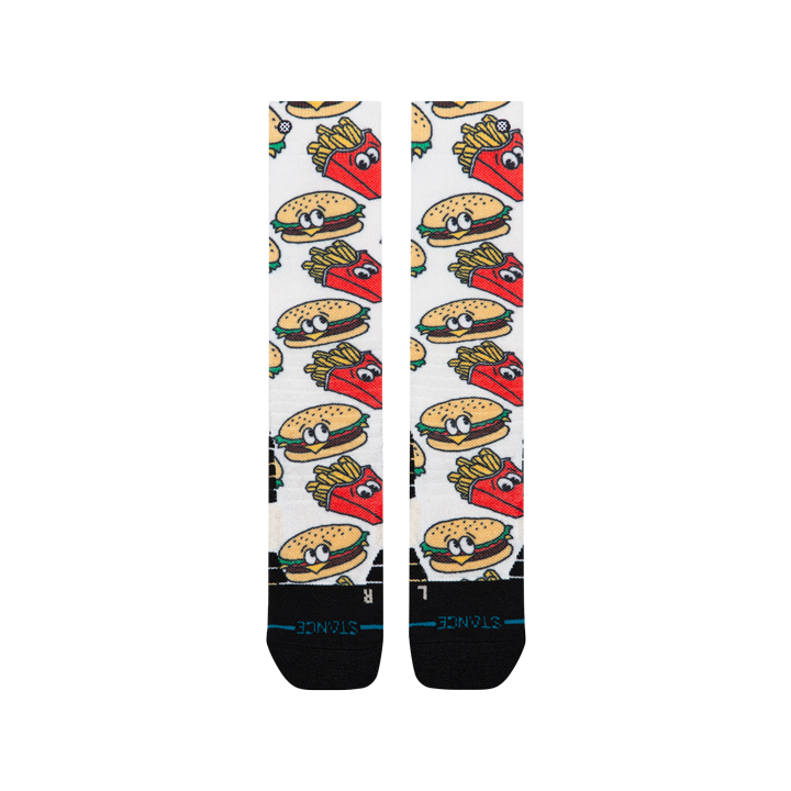 Bas de neige pour enfant Stance Combo Meal Mid Poly Red, motif de burgers et frites — paire à plat, côté logo.