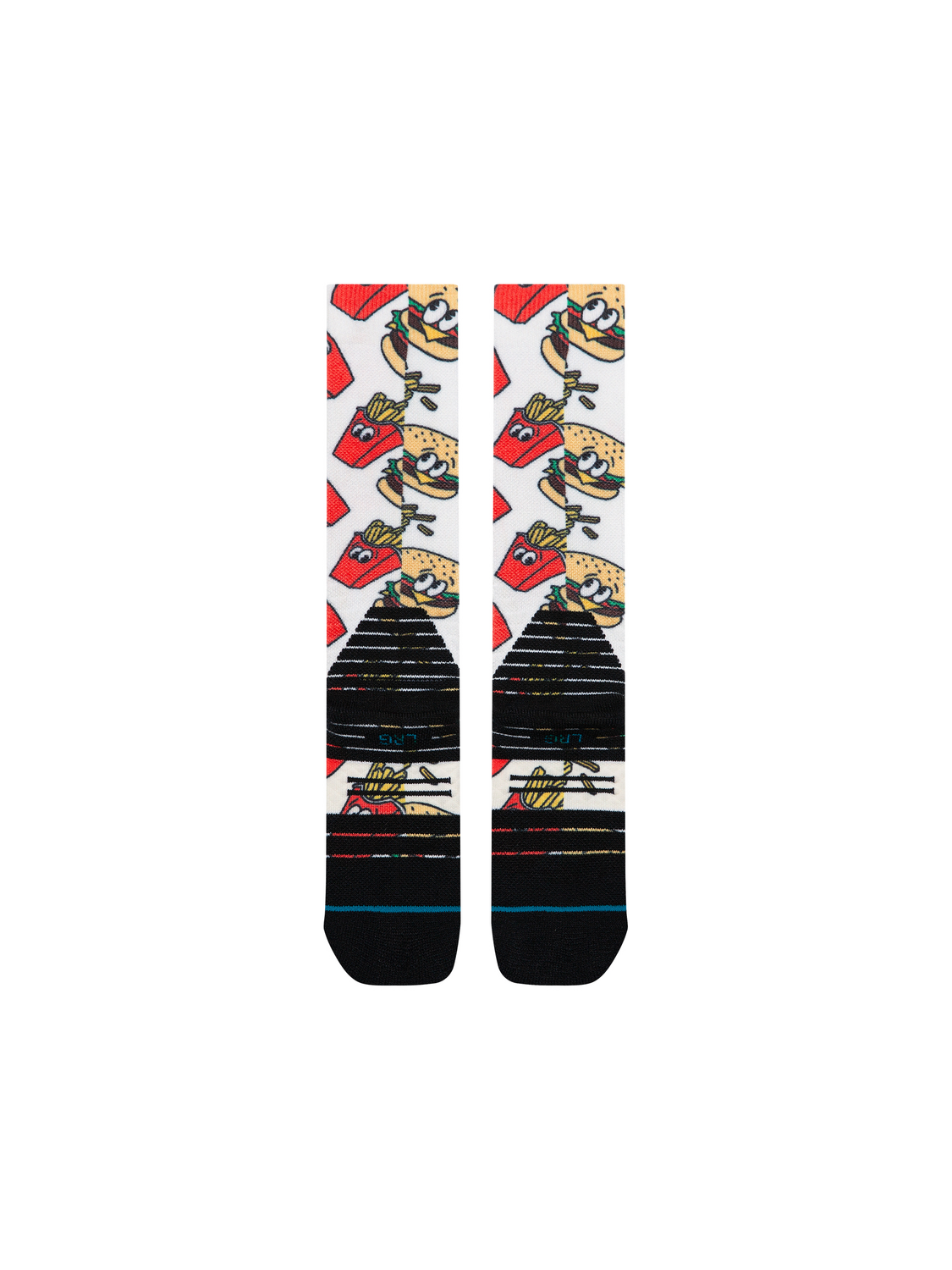 Bas de neige pour enfant Stance Combo Meal Mid Poly Red, motif de burgers et frites — paire à plat, côté talons.
