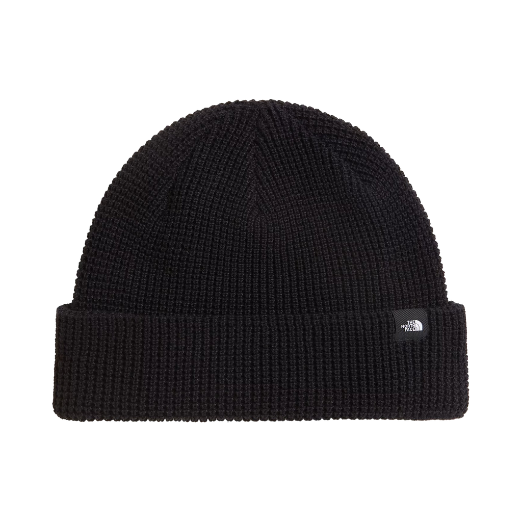Tuque The North Face Fisherman TNF Black, noire — vue de face avec revers.