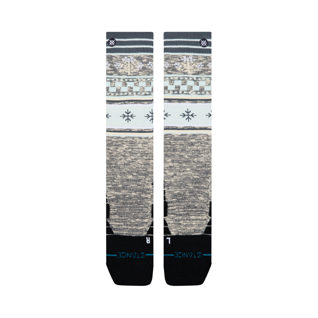 Bas de neige pour femme Stance Flake Mid Poly Ice Blue, motif de flocons — paire à plat, côté logo.