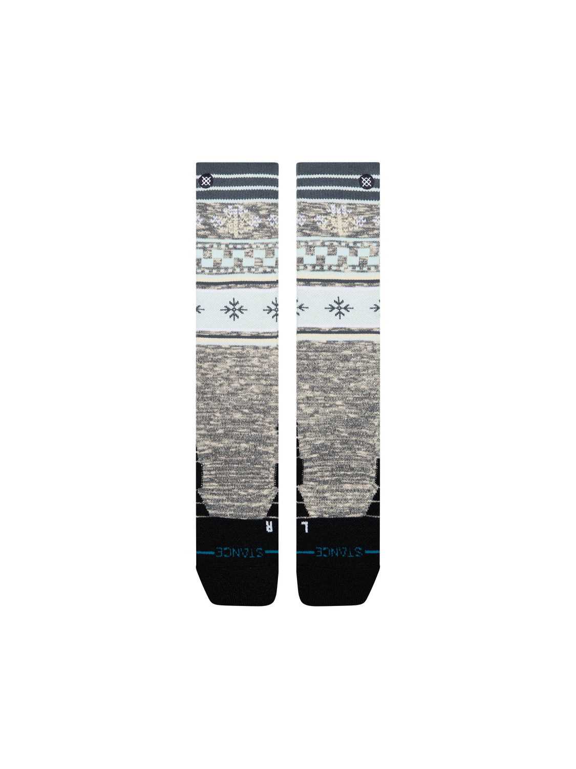 Bas de neige pour femme Stance Flake Mid Poly Ice Blue, motif de flocons — paire à plat, côté logo.