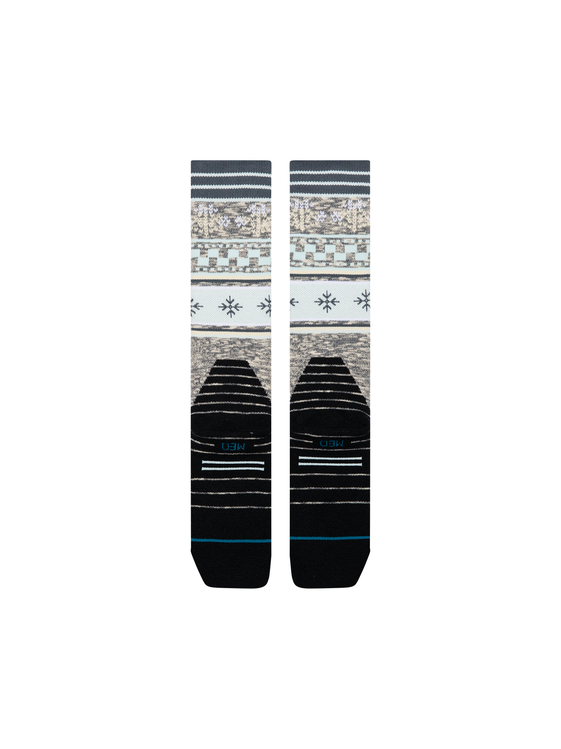 Bas de neige pour femme Stance Flake Mid Poly Ice Blue, motif de flocons — paire à plat, côté talons.