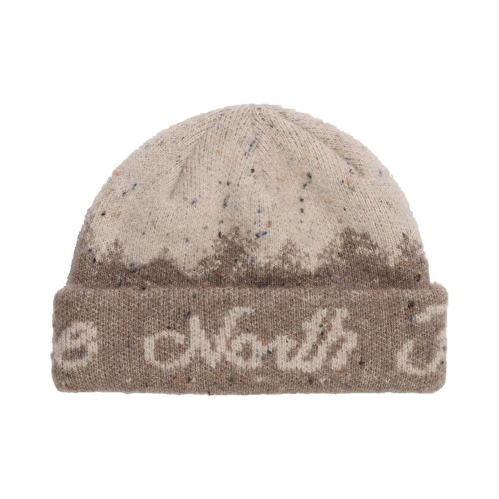 The North Face Cabin Mountainscape Garnet et Timeless Taupe, vue de face du motif de montagne et du revers